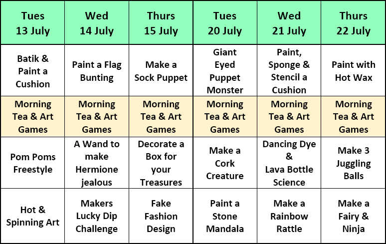 July Holidays 2021 Art Classes Timetable